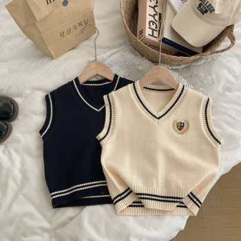 Vaikų megzta be rankovių liemenė, Korėjiečio stiliaus, V formos kaklas, 55% akrilo megzti, skirta 3–8 metų vaikams