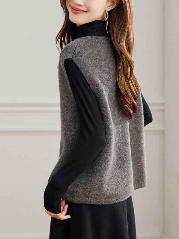 Γυναικείο πλεκτό γιλέκο-καρντγκαν, στρογγυλός λαιμός, φαρδιά εφαρμογή, ακρυλικό νήμα, μήκος 50–65 εκ