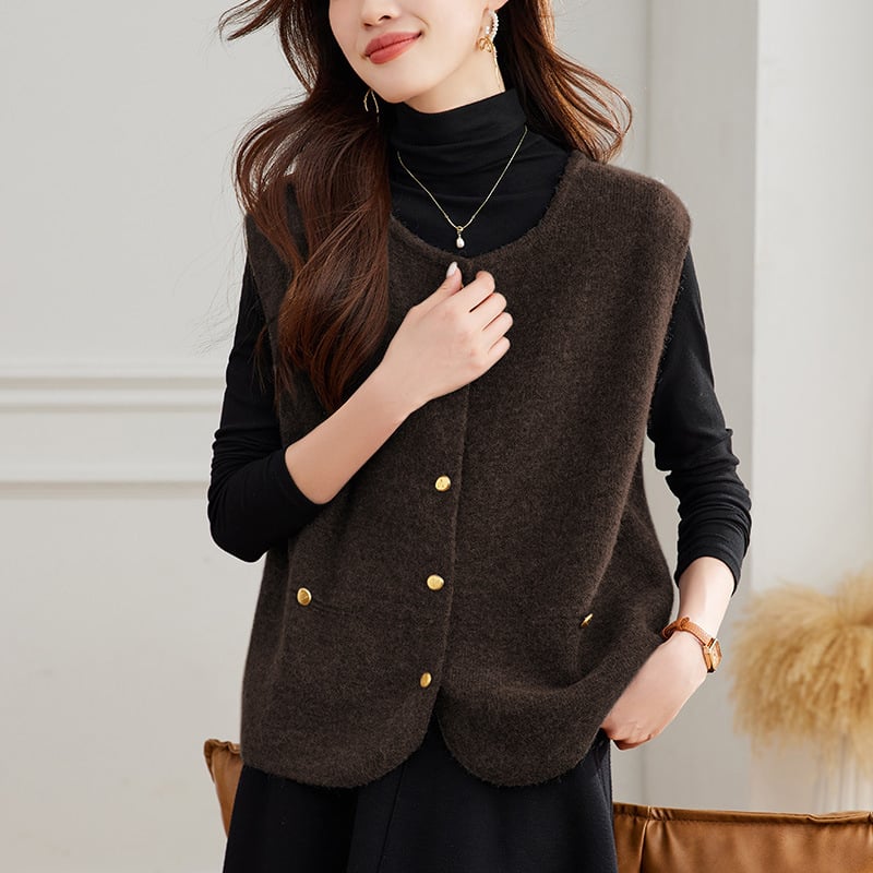 Γυναικείο πλεκτό γιλέκο-καρντγκαν, στρογγυλός λαιμός, φαρδιά εφαρμογή, ακρυλικό νήμα, μήκος 50–65 εκ