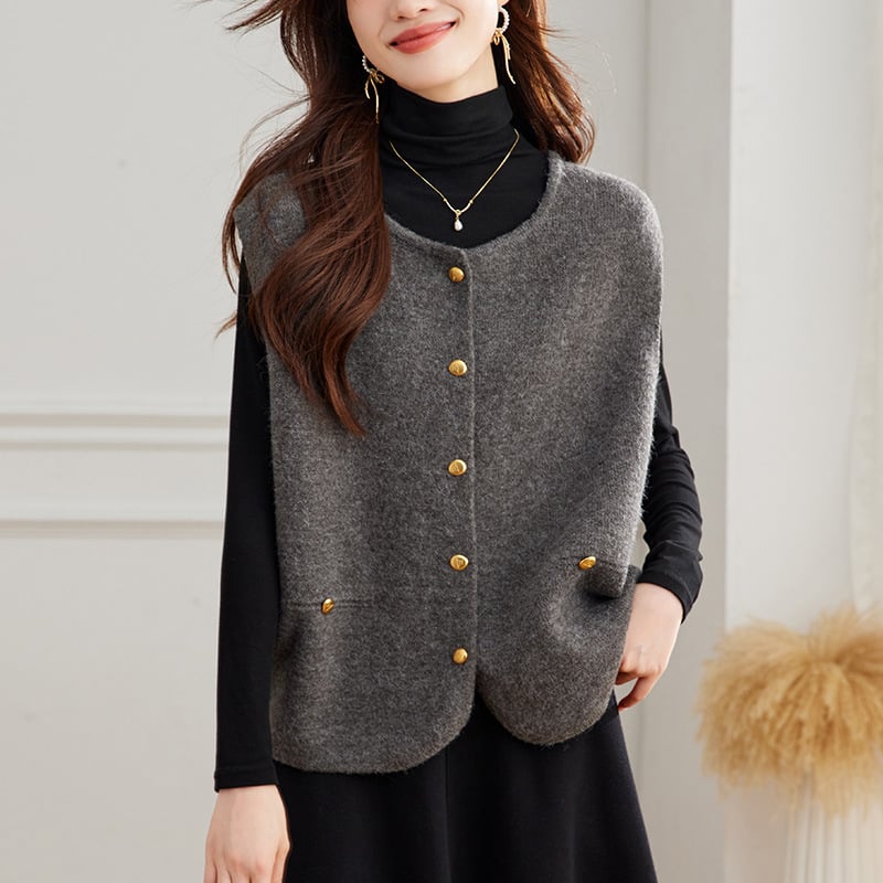 Γυναικείο πλεκτό γιλέκο-καρντγκαν, στρογγυλός λαιμός, φαρδιά εφαρμογή, ακρυλικό νήμα, μήκος 50–65 εκ