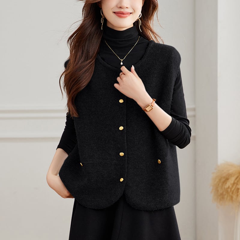 Γυναικείο πλεκτό γιλέκο-καρντγκαν, στρογγυλός λαιμός, φαρδιά εφαρμογή, ακρυλικό νήμα, μήκος 50–65 εκ