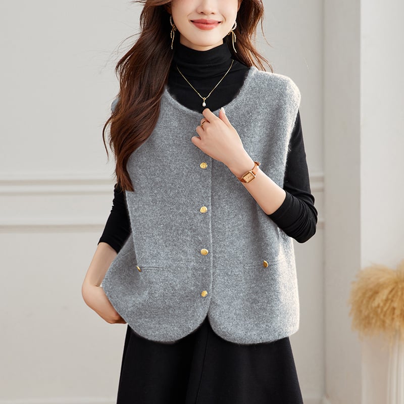 Γυναικείο πλεκτό γιλέκο-καρντγκαν, στρογγυλός λαιμός, φαρδιά εφαρμογή, ακρυλικό νήμα, μήκος 50–65 εκ