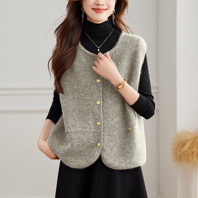 Γυναικείο πλεκτό γιλέκο-καρντγκαν, στρογγυλός λαιμός, φαρδιά εφαρμογή, ακρυλικό νήμα, μήκος 50–65 εκ