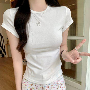 Ženski T-majica s kratkim rukavima, pamuk 92% + elastan 8%, jedinstven uzorak, okrugli izrez, slim fit