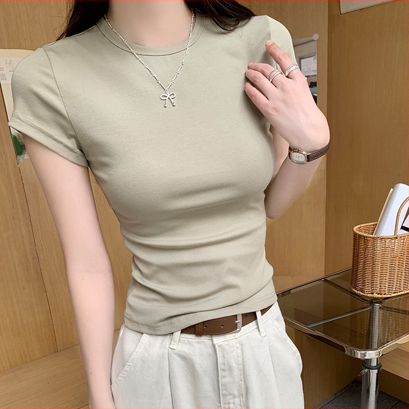 Moteriški marškinėliai su trumpomis rankovėmis, 92% medvilnė + 8% elastanas, vienos spalvos raštas, apvalus kaklas, siauras kirpimas