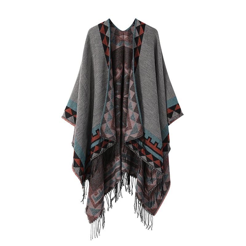 Bohemiškos etninio stiliaus pelerinė – dirbtinis kasmaras, plotis 135 cm, spalvotos grotelės raštas, satino apdaila