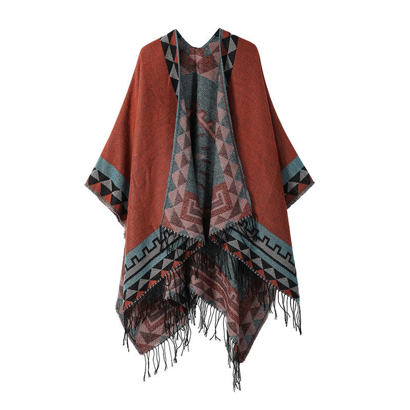 Bohemiškos etninio stiliaus pelerinė – dirbtinis kasmaras, plotis 135 cm, spalvotos grotelės raštas, satino apdaila