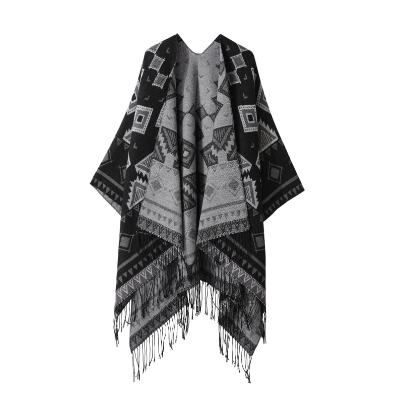 Bohemiškos etninio stiliaus pelerinė – dirbtinis kasmaras, plotis 135 cm, spalvotos grotelės raštas, satino apdaila