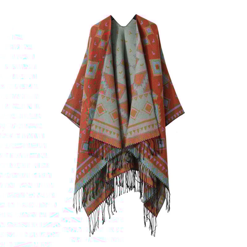 Bohemiškos etninio stiliaus pelerinė – dirbtinis kasmaras, plotis 135 cm, spalvotos grotelės raštas, satino apdaila