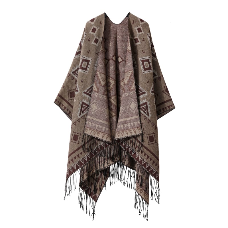 Bohemiškos etninio stiliaus pelerinė – dirbtinis kasmaras, plotis 135 cm, spalvotos grotelės raštas, satino apdaila