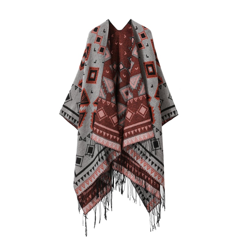 Bohemiškos etninio stiliaus pelerinė – dirbtinis kasmaras, plotis 135 cm, spalvotos grotelės raštas, satino apdaila