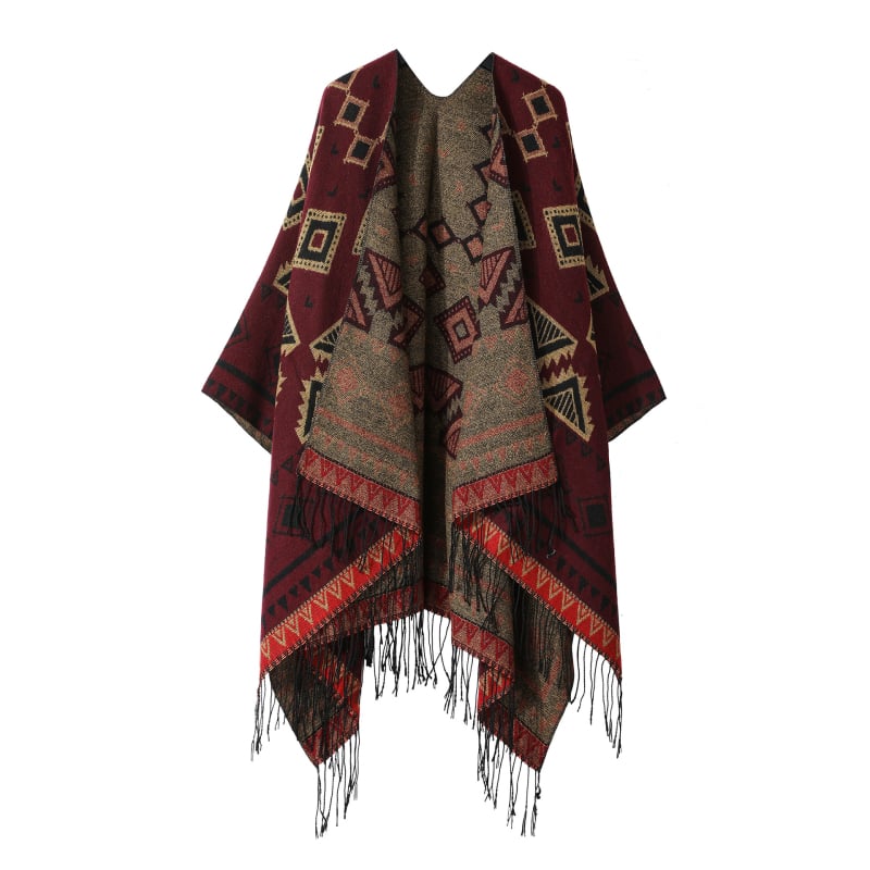 Bohemiškos etninio stiliaus pelerinė – dirbtinis kasmaras, plotis 135 cm, spalvotos grotelės raštas, satino apdaila