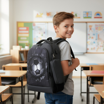 Σχολική τσάντα με σκληρό περίβλημα, προστασία της σπονδυλικής στήλης, μοτίβο ποδοσφαίρου, μεγάλη χωρητικότητα, περιλαμβάνει νεσεσέρ για μολύβια, ύφασμα Oxford