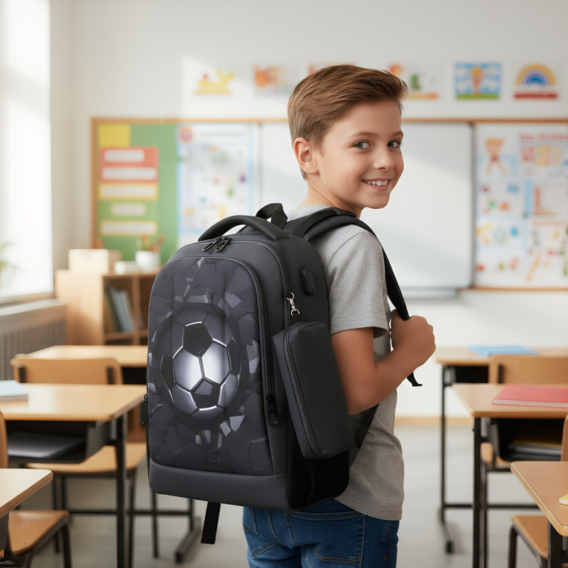 Σχολική τσάντα με σκληρό περίβλημα, προστασία της σπονδυλικής στήλης, μοτίβο ποδοσφαίρου, μεγάλη χωρητικότητα, περιλαμβάνει νεσεσέρ για μολύβια, ύφασμα Oxford
