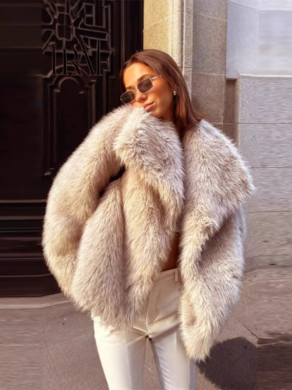 Γυναικείο παλτό από συνθετική γούνα, μακριά μανίκια, αστικό στυλ, τεχνητή γούνα
