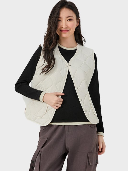 Νάιλον γιλέκο με γέμισμα πολυεστέρα – V-λαιμόκοψη, μονόκουμπωτο, μονόχρωμο, κανονικού μήκους