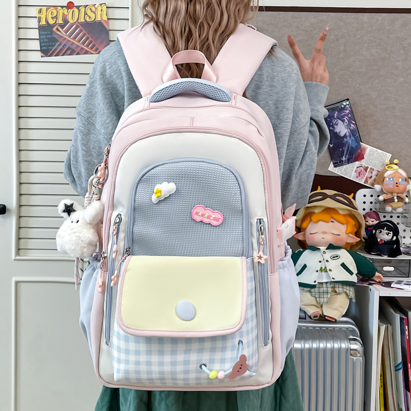 Ученическа раница Ruiyingzizhi за момичета, нейлон, дишаща, стил кампус, клетъчен принт