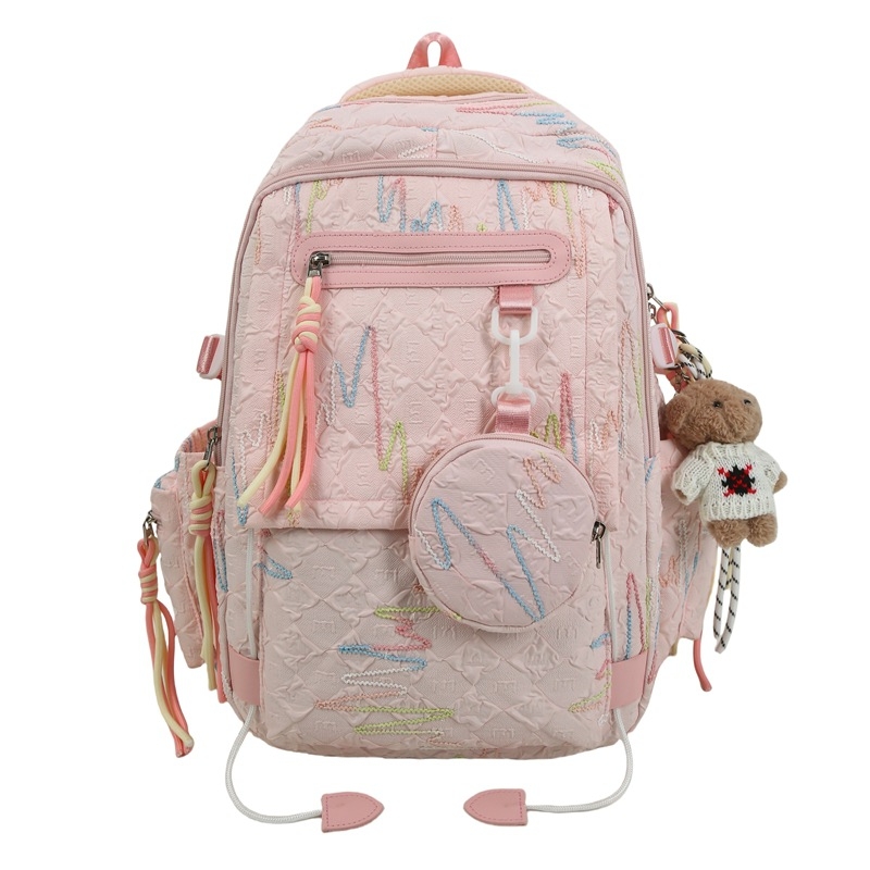 Ученическа раница за момичета, нейлон, дишаща и износоустойчива, голям капацитет, геометричен принт, младежки кампус стил