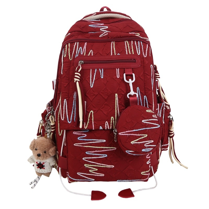 Ученическа раница за момичета, нейлон, дишаща и износоустойчива, голям капацитет, геометричен принт, младежки кампус стил