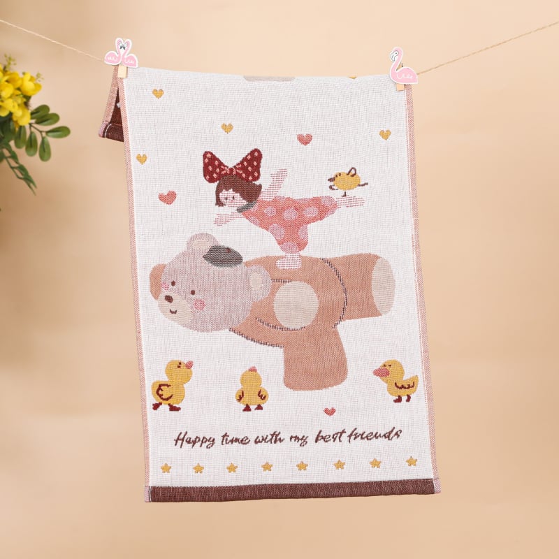 Keturių sluoksnių medvilninis vaikų rankšluostis, animacinių filmų serija, 50 g, daugiasluoksnė siūlų pynė, Jacquard audinys, logotipo atspausdinimas galimas