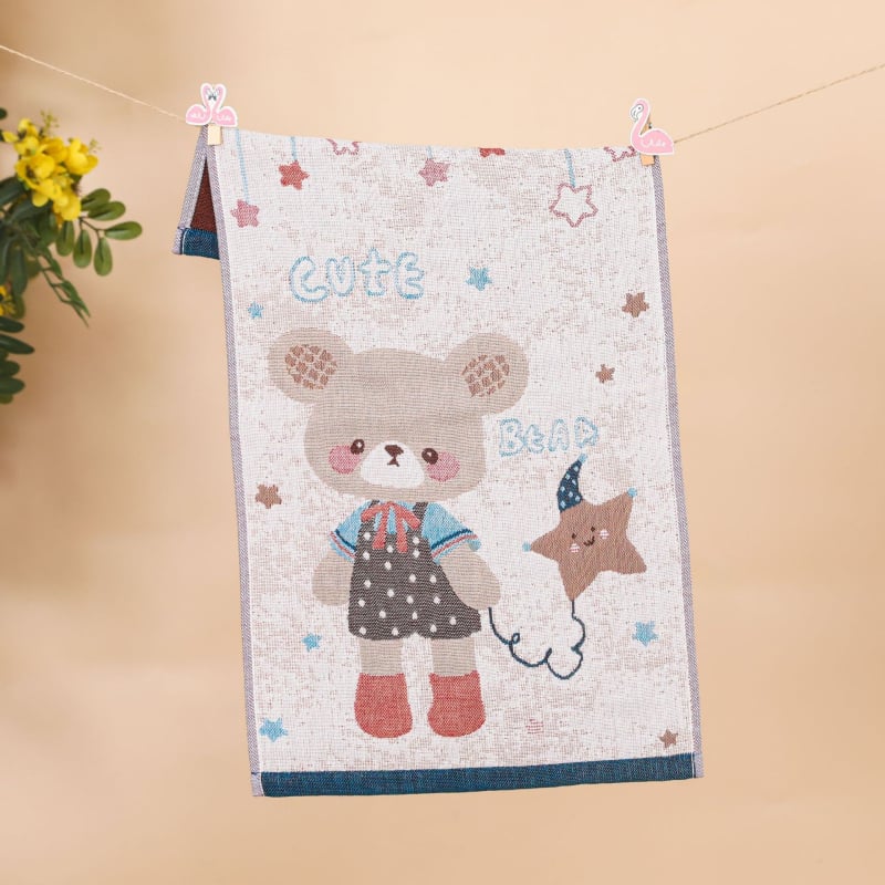 Keturių sluoksnių medvilninis vaikų rankšluostis, animacinių filmų serija, 50 g, daugiasluoksnė siūlų pynė, Jacquard audinys, logotipo atspausdinimas galimas