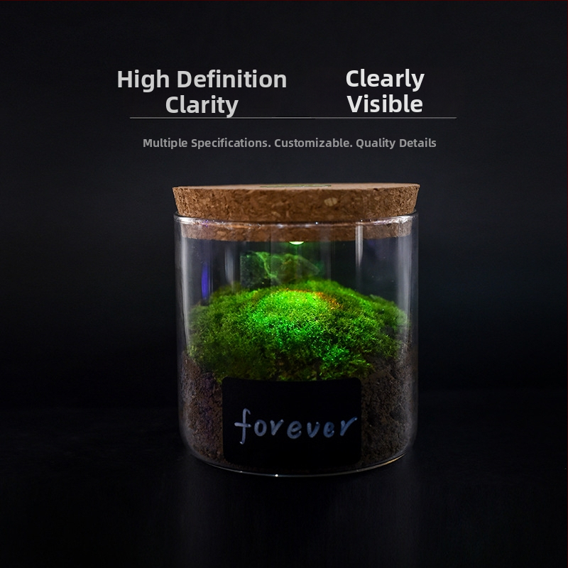 Stiklinė laikymo tara su apšvietimu - borosilikatinis stiklas su aukštu skaidrumu, kamštinis dangtelis, apyrankėms demonstravimui, dulkių apsauga