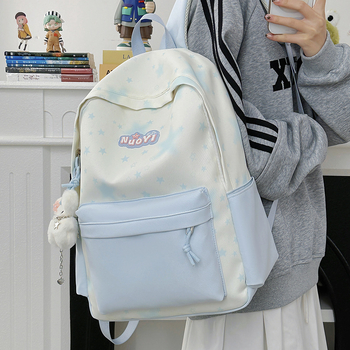 Ученическа раница - мил карикатурен стил, нейлон, дишаща и водоустойчива, полиестерна подплата, шарка с вълни (Зима 2025)