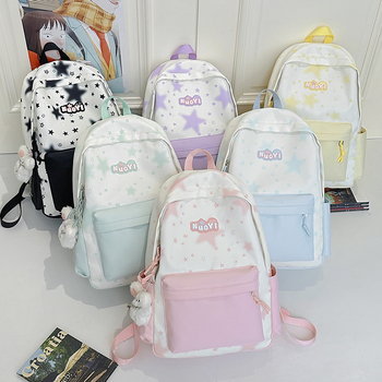 Ученическа раница - мил карикатурен стил, нейлон, дишаща и водоустойчива, полиестерна подплата, шарка с вълни (Зима 2025)
