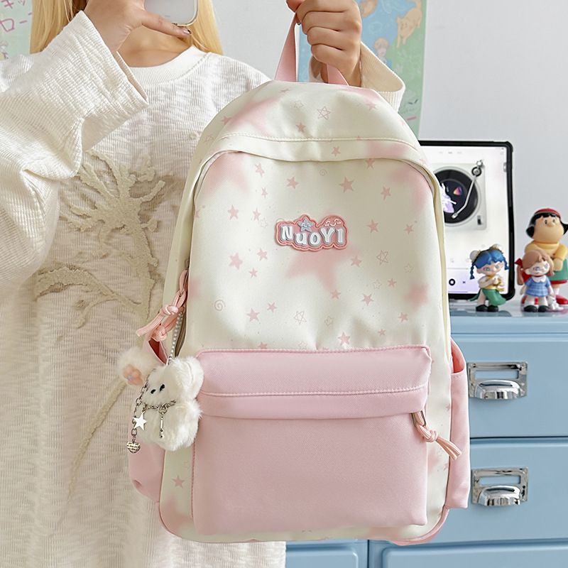 Ученическа раница - мил карикатурен стил, нейлон, дишаща и водоустойчива, полиестерна подплата, шарка с вълни (Зима 2025)