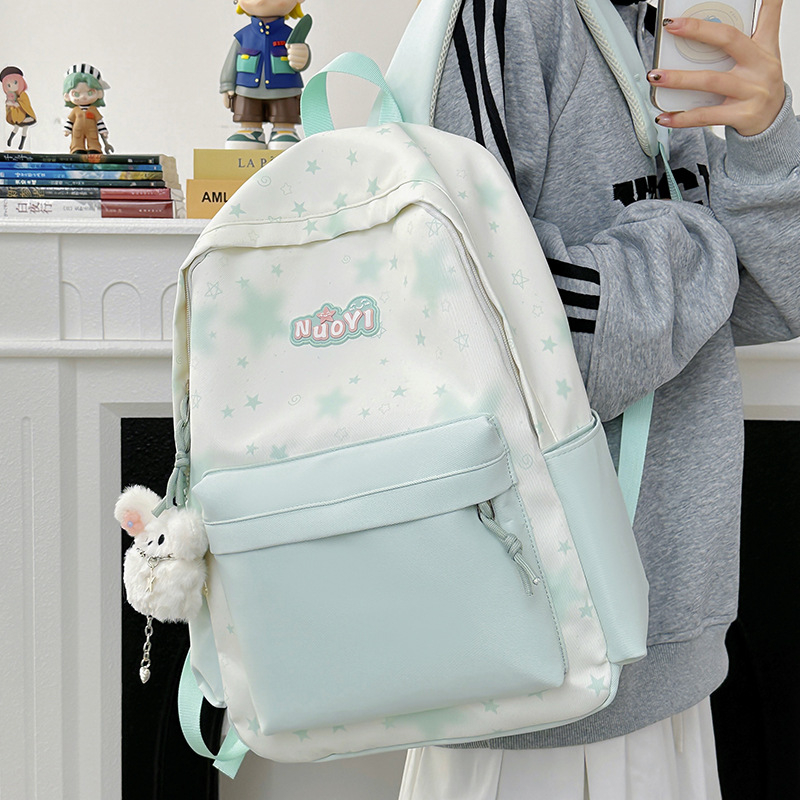 Ученическа раница - мил карикатурен стил, нейлон, дишаща и водоустойчива, полиестерна подплата, шарка с вълни (Зима 2025)