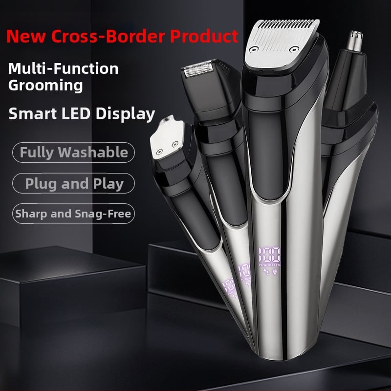 5-ühes elektriline meestele mõeldud hoolduskomplekt – juukselõikur, nina karvade lõikur, raseerimine ja tempellkontuurimine; veekindel, harjaga mootor, roostevabast terasest terad, sisseehitatud aku 500–800 mAh, tööaeg 1–3 tundi.