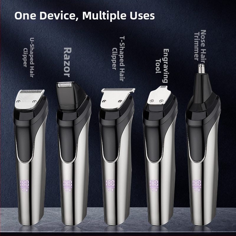 5-ühes elektriline meestele mõeldud hoolduskomplekt – juukselõikur, nina karvade lõikur, raseerimine ja tempellkontuurimine; veekindel, harjaga mootor, roostevabast terasest terad, sisseehitatud aku 500–800 mAh, tööaeg 1–3 tundi.