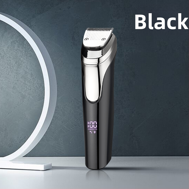 5-ühes elektriline meestele mõeldud hoolduskomplekt – juukselõikur, nina karvade lõikur, raseerimine ja tempellkontuurimine; veekindel, harjaga mootor, roostevabast terasest terad, sisseehitatud aku 500–800 mAh, tööaeg 1–3 tundi.