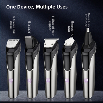 5-in-1 vīriešu kopšanas komplekts, deguna apmatojuma griezējs, nerūsējoša tērauda asmeņi, iebūvēta uzlādes baterija, pilnīgi mazgājams