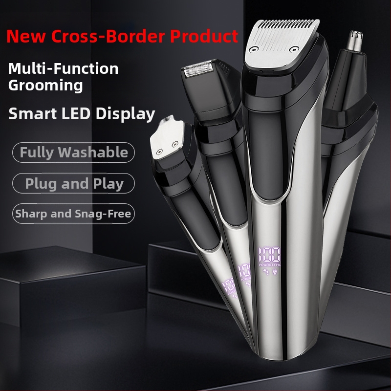 5-in-1 vīriešu kopšanas komplekts, deguna apmatojuma griezējs, nerūsējoša tērauda asmeņi, iebūvēta uzlādes baterija, pilnīgi mazgājams