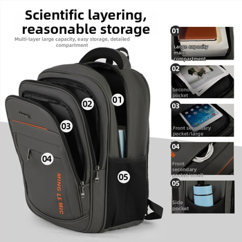 Didelės talpos nešiojamojo kompiuterio kuprinė – vandeniui atspari PVC apdaila, 36–55 L, verslo kelionėms, poliesterio audinys, oro pagalvių petnešos.