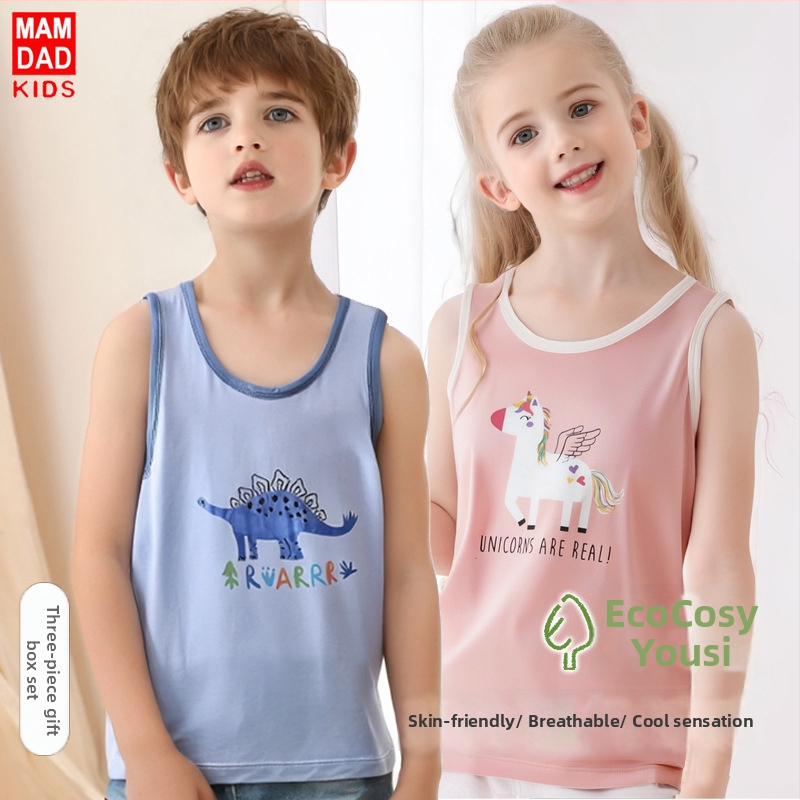 Vaikų be rankovių pižama komplektas (3 dalys) — minkštas viskozės mezginys, animacinių personažų piešiniai, apvali kaklo linija; vaikams nuo 8 metų