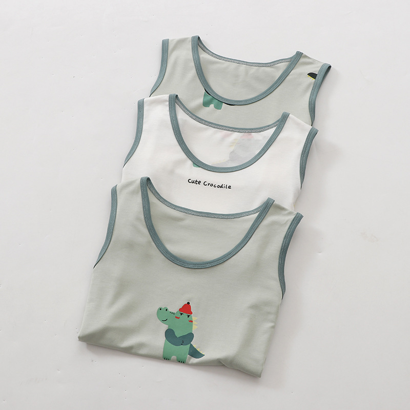 Vaikų be rankovių pižama komplektas (3 dalys) — minkštas viskozės mezginys, animacinių personažų piešiniai, apvali kaklo linija; vaikams nuo 8 metų