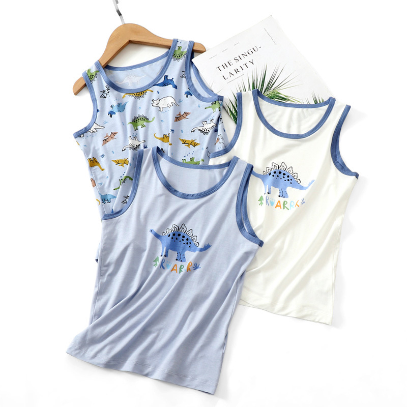 Set de pijamale copii fără mâneci (3 piese) — tricot moale din viscoză, imprimeu cu desene animate, guler rotund; pentru copii de 8 ani și peste