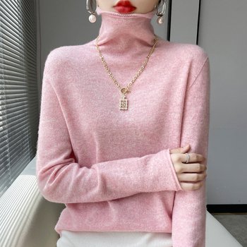 Moterinis vilnos megztinis su suktu aukštu kaklu, ilgos rankovės, įprastas kirpimas, įprastas ilgis