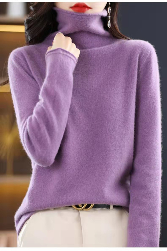 Moterinis vilnos megztinis su suktu aukštu kaklu, ilgos rankovės, įprastas kirpimas, įprastas ilgis
