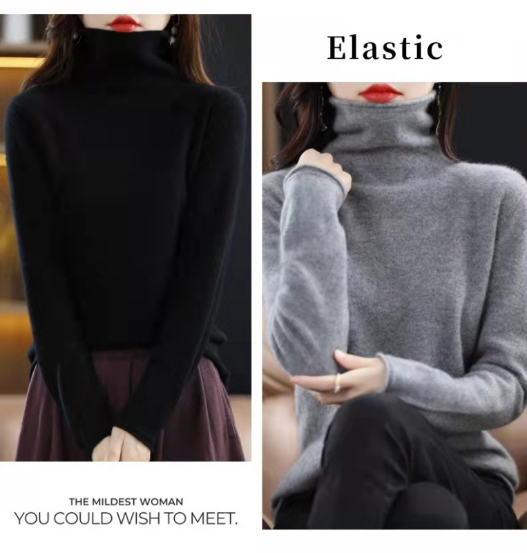 Moterinis vilnos megztinis su suktu aukštu kaklu, ilgos rankovės, įprastas kirpimas, įprastas ilgis