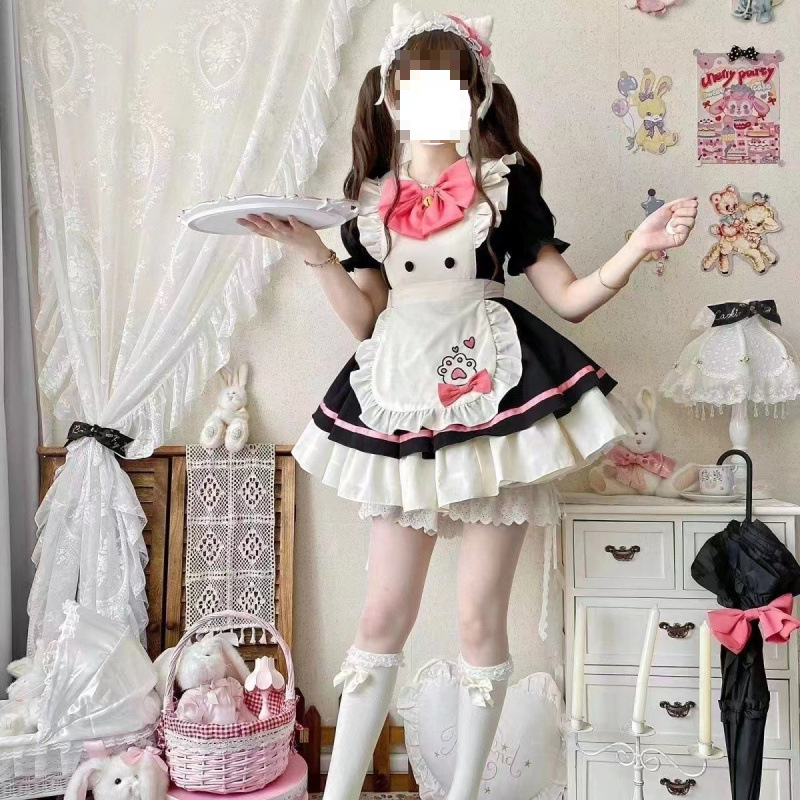 Cosplay tarnaitės suknelė su Lolita rinkiniu — mielas studentų įvaizdis, motociklo stilius, street hipster, priedai; audinys: akriliniai pluoštai; 95%+ sudėtis; vasara 2022