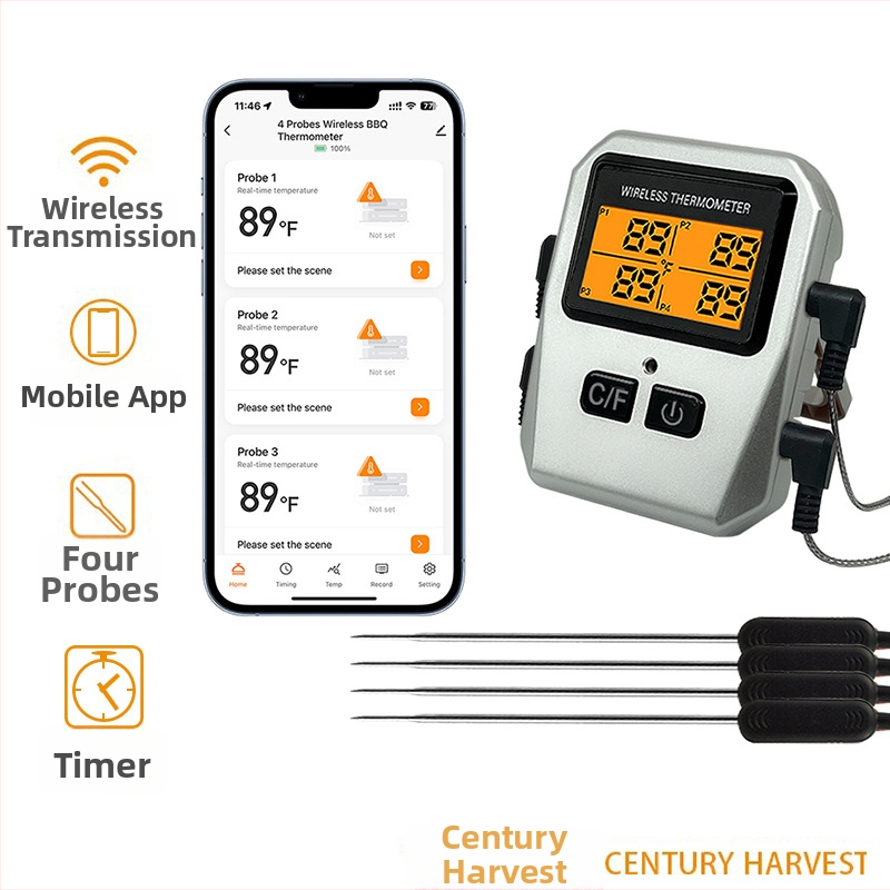 Belaidis Bluetooth kepsninės termometras su keturiomis sondomis, Tuya Smart programėlė suderinama, tinka virtuvei ir orkaitėi, temperatūros raiška 1°C/1°F