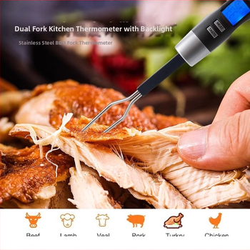 Rankinis maisto termometras su dviguba šakute ir skaitmeniniu ekranu, 0–250°C diapazonas, tinka kepimui ir griliui
