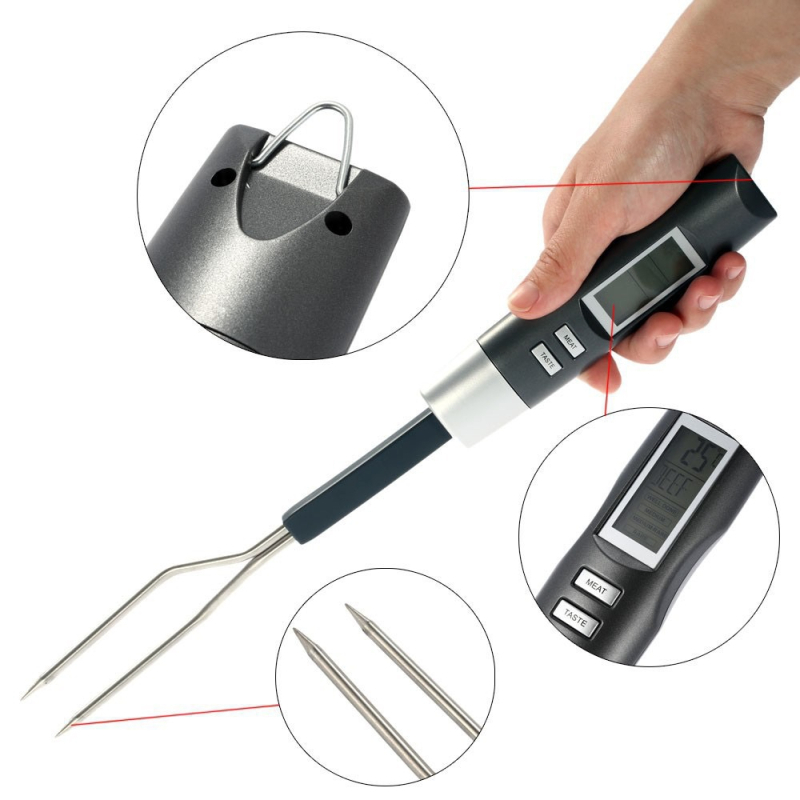 Rankinis maisto termometras su dviguba šakute ir skaitmeniniu ekranu, 0–250°C diapazonas, tinka kepimui ir griliui