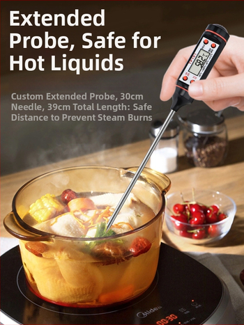 Maisto termometras su elektronine zonde ir skaitmeniniu ekranu matuoja vandens ir aliejaus temperatūrą, skirtas pramoninei virtuvei