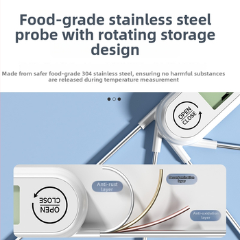 Delixi atsparus vandeniui sulankstomas maisto termometras, diapazonas -50°C iki 300°C, 0.1°C raiška, 304 nerūdijančio plieno zondas