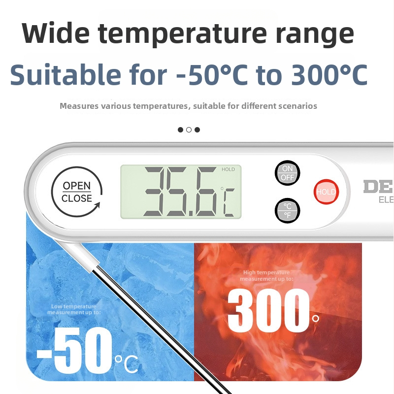Delixi ūdensizturīgs saliekamais pārtikas termometrs, diapazons -50°C līdz 300°C, 0.1°C izšķirtspēja, 304 nerūsējošā tērauda zonde