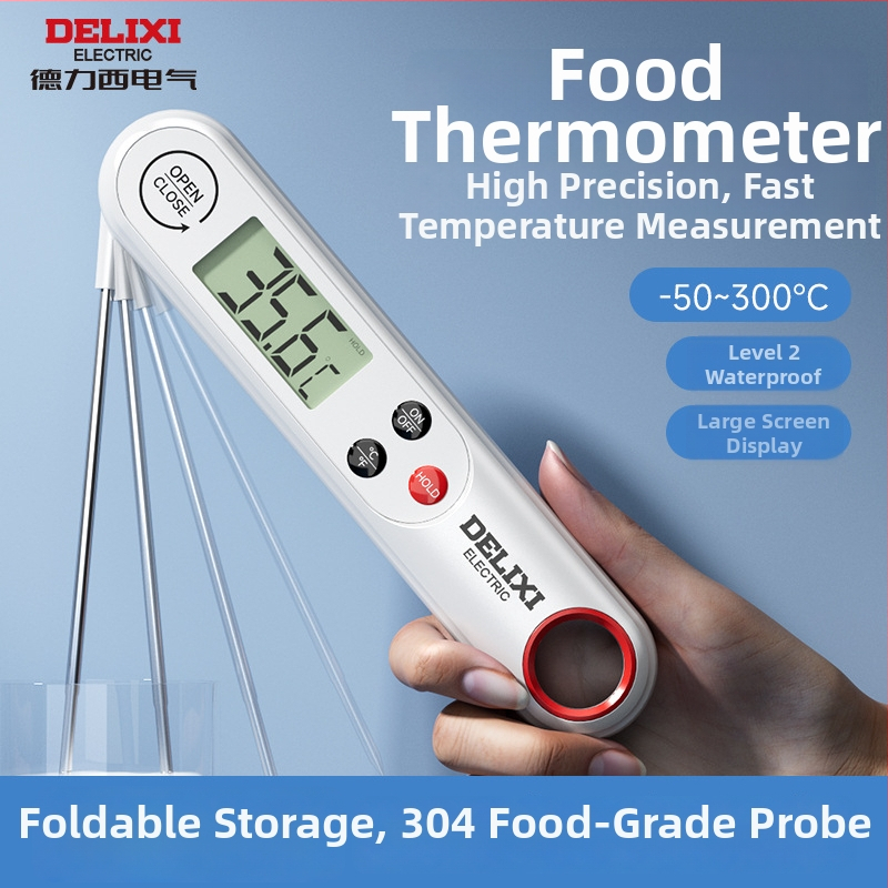 Delixi atsparus vandeniui sulankstomas maisto termometras, diapazonas -50°C iki 300°C, 0.1°C raiška, 304 nerūdijančio plieno zondas